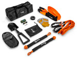 SuperATV Off-Road Vehicle Recovery Tool Kit featuring a kinetic recovery rope, soft shackles, tree saver strap, aluminum snatch ring, collapsible shovel, rechargeable flashlight, work gloves, and heavy-duty storage bag for UTV and off-road vehicle recovery.