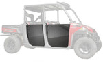 SuperATV HDPE Half Doors for 2014-2019 Polaris Ranger XP 900 Crew featuring durable 5/8-inch high-density polyethylene construction, Southco rotary latches, rubber weather seals, and a rugged textured black finish for premium cab protection.