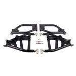 High Lifter APEXX Rear Raked Upper and Lower Control Arms for CFMOTO UForce U10 Pro featuring heavy-duty DOM steel construction, 2-inch rear rake, adjustable camber, black powder-coated finish, and clearance for 33-inch tires.
