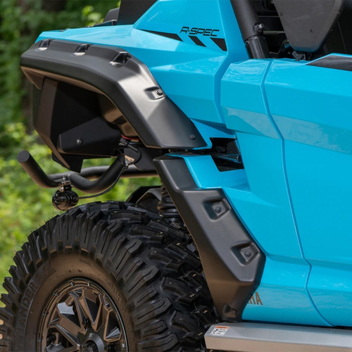 Rear overfenders mounted on Yamaha Wolverine RMAX4 1000 — durable thermo-formed plastic design offering superior off-road coverage. Rear overfenders mounted on Yamaha Wolverine RMAX4 1000 — durable thermo-formed plastic design offering superior off-road coverage.