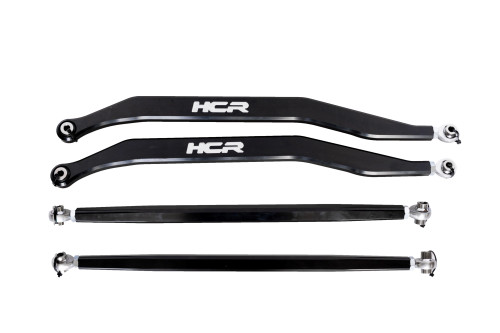 HCR black anodized 7075 aluminum high-clearance radius rods for Polaris RZR Pro-R and Turbo R, precision-machined and pre-assembled.
