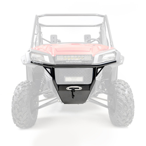 HMF HD Front Bumper for Honda Pioneer 1000 shown with steel tubing construction, integrated winch mount, and aluminum skid plate.