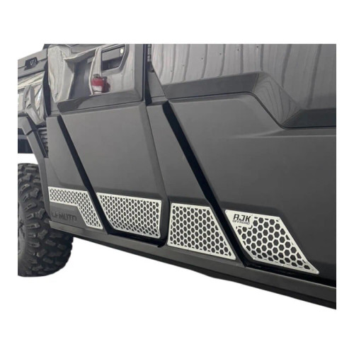 Set of powder-coated CF Moto UForce U10 lower door accents installed on driver and passenger doors, highlighting custom styling.