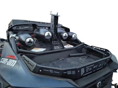 AFX Motorsports heavy-duty spare tire carrier mounted on a Can-Am Maverick R for secure off-road spare tire storage.