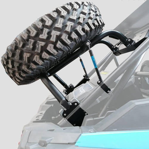 AFX Motorsports spare tire carrier with pneumatic piston for Polaris RZR Turbo S, heavy-duty steel and matte black finish.