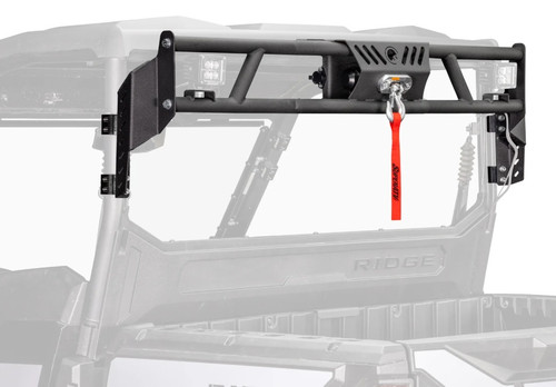 SuperATV Kawasaki Ridge Game Loader Rack installed with 500 lb winch and cube light mounts