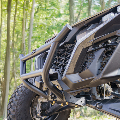 S3 Power Sports Can-Am Maverick R front bumper installed showing lightweight form-fitting design and winch compatibility