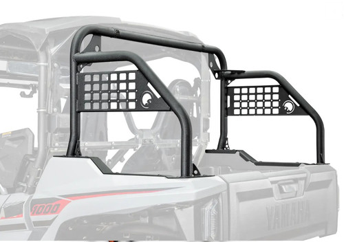SuperATV Yamaha Wolverine RMAX 1000 sport accessory bar with MOLLE panels and cube light mounts installed