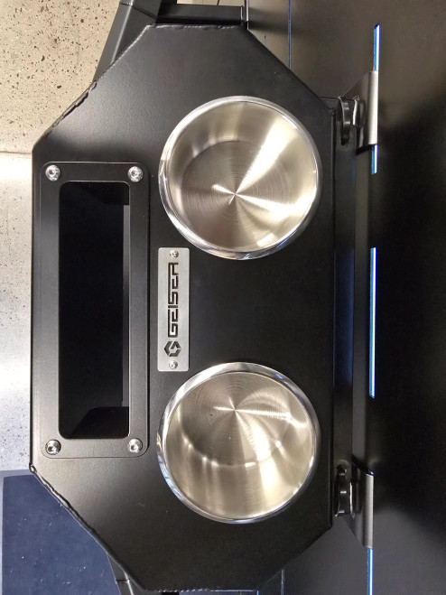 Geiser Polaris Ranger 1500 radio mount installed with communication system and dual cup holders in UTV interior