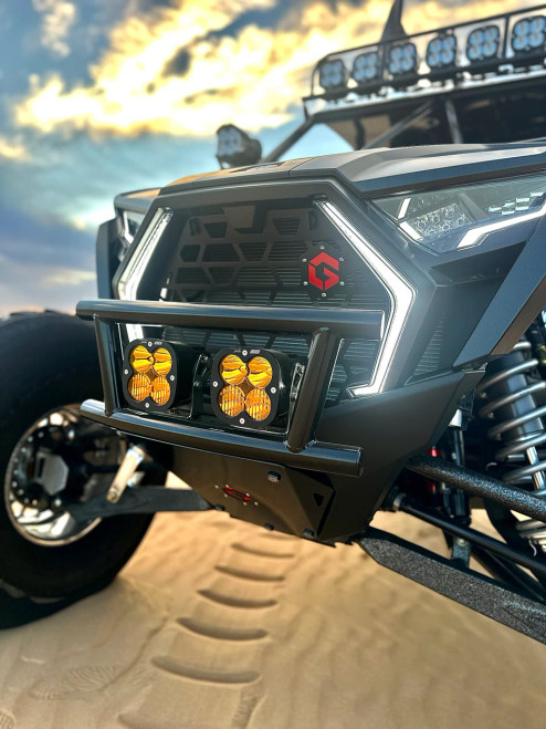 Geiser Polaris RZR Pro R Turbo R double row front bumper with integrated light bar mount and skid plate installed on off road UTV
