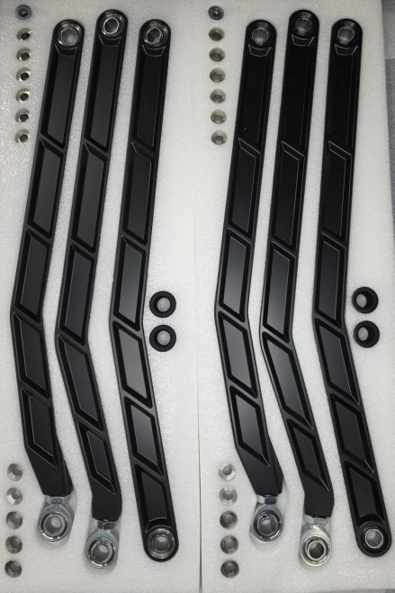 Take your Can-Am Maverick X3 to the next level with Elektric Offroad Volt Billet Radius Rods—engineered for 72” RS models to deliver improved suspension performance, increased durability, and standout styling. Built for aggressive riders, these rods are designed to handle tough terrain while enhancing your machine’s overall look and capability.

Precision CNC Billet Construction
Machined from premium 6061 billet aluminum, these radius rods offer exceptional strength without unnecessary weight. The hard anodized black finish provides long-lasting color and added resistance against wear and corrosion.

Performance-Driven Design
Equipped with high-strength, Teflon-coated uniballs and misalignment spacers, these rods improve articulation and suspension response. The included anti-rock rubber dust rings help keep dirt, debris, and small rocks out of the joints, extending component life.

High Clearance for Aggressive Riding
The high-clearance design helps you avoid obstacles on the trail, reducing the risk of impact damage when navigating rocks, ruts, and uneven terrain.

Built for Strength and Reliability
Featuring 3/4” stainless steel Teflon-coated uniballs (comparable and replaceable with FKS12T), these rods are built to handle extreme off-road abuse while maintaining smooth and reliable operation.

Bolt-On Installation
Designed to mount directly in the factory location, these radius rods offer a quick and straightforward installation with no modifications required—so you can get back to riding faster.

Aggressive Style That Stands Out
Beyond performance, these rods feature a unique, eye-catching design that adds a custom look to your Maverick X3, setting it apart on the trail or at the dunes.

Key Features:

Fits Can-Am Maverick X3 72” RS models only
CNC machined 6061 billet aluminum construction
Hard anodized black finish for durability
Teflon-coated high-strength uniballs with misalignment spacers
3/4” stainless steel uniballs (FKS12T compatible)
Anti-rock rubber dust rings for added protection
High-clearance design to reduce trail impacts
Direct bolt-on installation using factory mounting points

Upgrade your Maverick X3 with Elektric Offroad Billet Radius Rods and experience stronger suspension performance, increased durability, and bold off-road style.