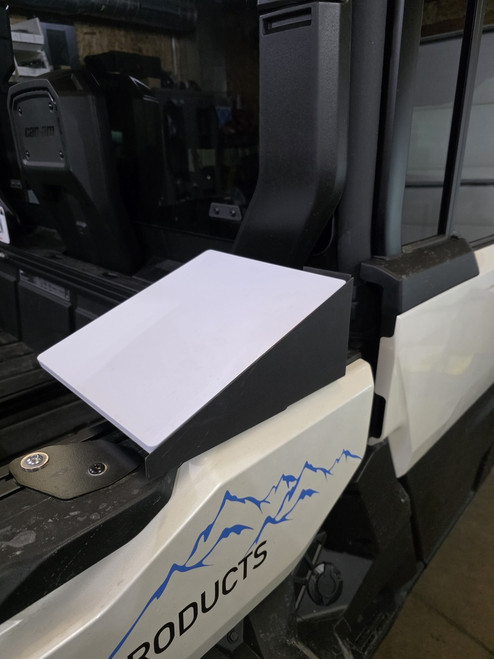MarqCad Can-Am Defender Starlink Mini Mount with powder-coated guard installed in bed stake slot for off-road protection and secure mounting