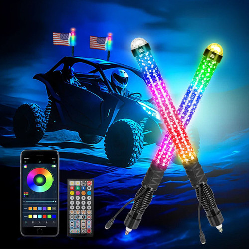 Kemimoto UTV 2PCS 2FT LED Whip Lights RGB Spiral Chasing