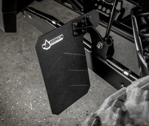 Assault Industries Polaris RZR XP Rear Mud Flaps Mounted on OEM Trailing Arms for Suspension Protection