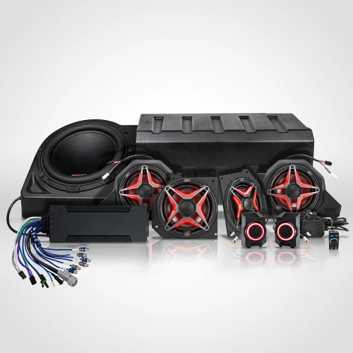 SSV Works Phase-7 1800W 8-speaker audio kit installed in 2024 Polaris Xpedition ADV 5 with Ride Command integration and RGB lighting