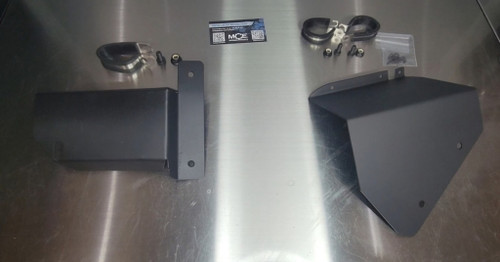 MCE Can-Am Defender Limited AC Line Guard Kit featuring black powder-coated stainless steel guards protecting front passenger wheel well air conditioning lines and firewall connections.
