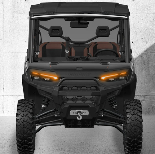 Switch Works Tango2 Plug & Play Turn Signal Kit for the 2026 Can-Am Defender HD11 featuring OEM replacement front LED fang lights, factory taillight integration, auto-canceling signals, horn, and solid-state control module.