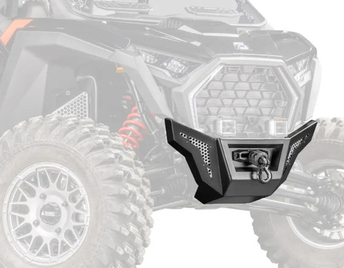 Assault Industries Winch-Ready Aluminum Plate Front Bumper installed on a Polaris RZR Pro XP featuring durable 1/4-inch aluminum construction with an integrated steel winch mount compatible with 4,500 lb. and 6,000 lb. Black Ops winches.
