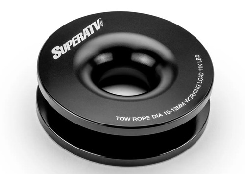 SuperATV aluminum snatch ring with an 11,000-pound working load limit for 10-12 mm synthetic winch rope, designed to improve off-road winching performance and vehicle recovery efficiency for UTVs, ATVs, trucks, and SUVs.