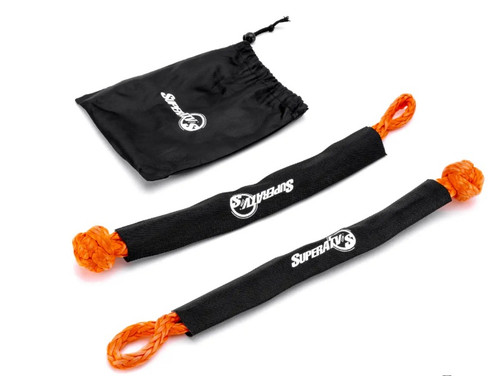 SuperATV synthetic soft shackles with a 13,000-pound working load limit and protective nylon sleeve for safe off-road vehicle recovery using winch ropes, tree saver straps, and snatch rings on UTVs, ATVs, trucks, and SUVs.