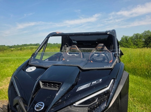3 Star 1/4-inch polycarbonate half windshield installed on a CFMOTO ZForce Z10 featuring durable impact-resistant construction, optional scratch-resistant coating, tint options, and improved airflow for comfortable off-road riding.