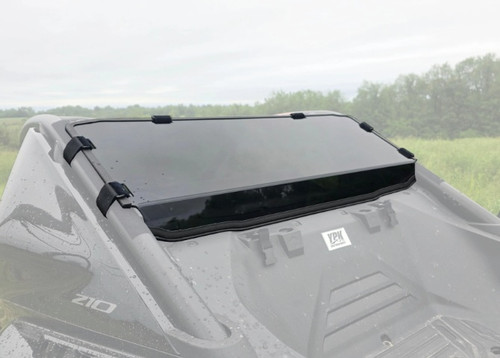 3 Star 1/4-inch polycarbonate rear windshield installed on a CFMOTO ZForce Z10 featuring clear or tinted polycarbonate, optional sliding vent, Quick Install Straps, and a precision-fit design that reduces dust, wind, and rear cab suction during off-road riding.