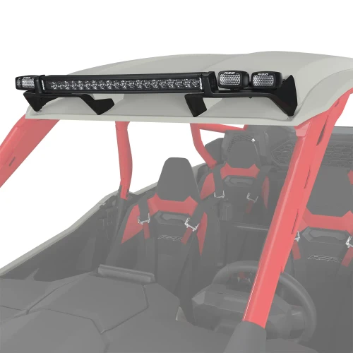 Polaris RZR Pro R Boost 4-seat RIGID Roof Light System with 20-inch curved RDS LED light bar, SR-M flood and spot pod lights, cast-aluminum roof mounts, and premium off-road LED lighting for nighttime driving.