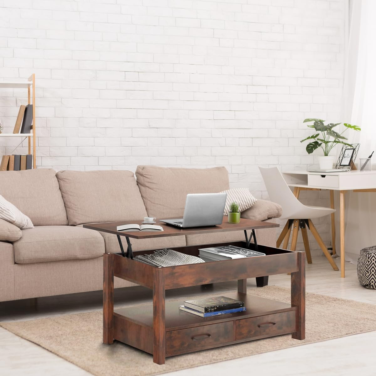 2 Drawer Lift Top Coffee Table with Hidden Compartment & Storage ...