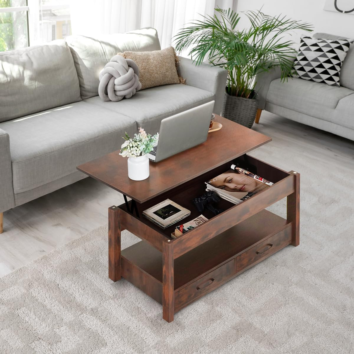 2 Drawer Lift Top Coffee Table with Hidden Compartment Storage