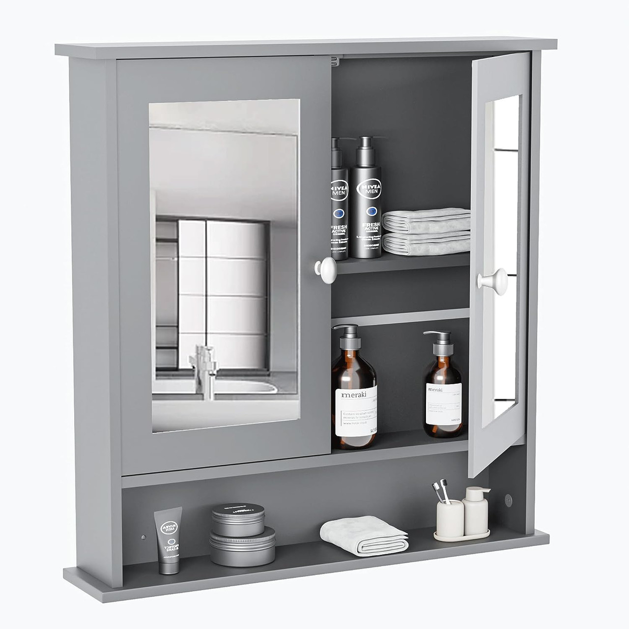 Home Bathroom Wall Mount Cabinet Storage Shelf Over Toilet w/ Mirror Door  Black