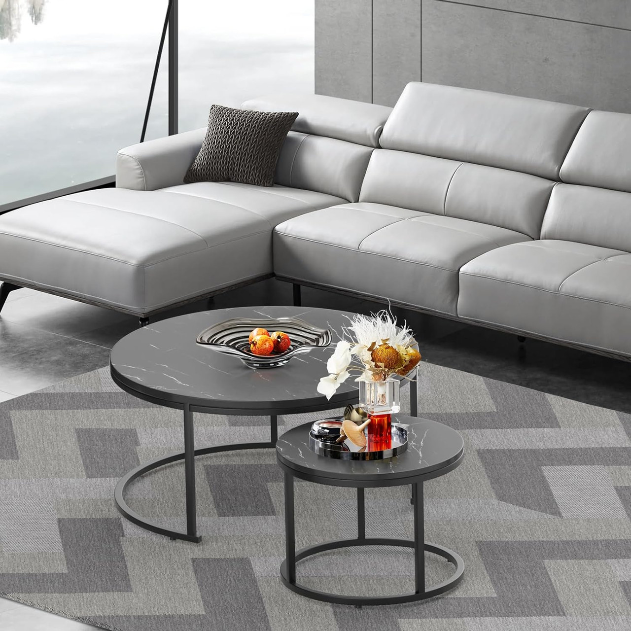 Set of 2 Round Coffee Tables Modern Accent Side End Table for Living Room