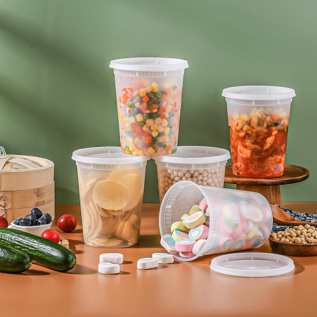 JS 32 Oz Heavy Duty Round Deli Food Containers With Lids - 24-Pack - BPA-Free Plastic - Meal Prep Containers
