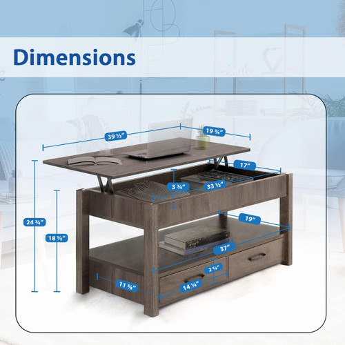 2 Drawer Lift Top Coffee Table with Hidden Compartment & Storage Shelves Gray