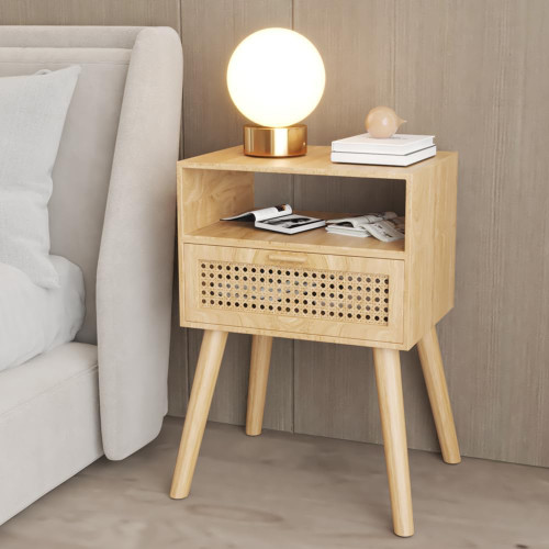 Nightstand with Rattan Door Wooden Bedside Table End Table Drawer Storage