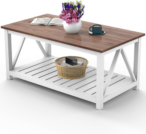 Farmhouse Coffee Table with Storage 2 Tier Center Cocktail Table Living Room