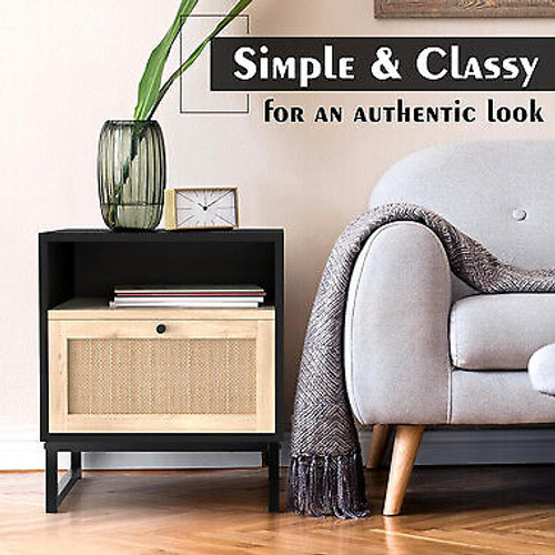 Boho Rattan Nightstand with Drawer Bedside Table End Table for Bedroom, Home Boho Rattan Nightstand with Drawer Bedside Table End Table for Bedroom, Home