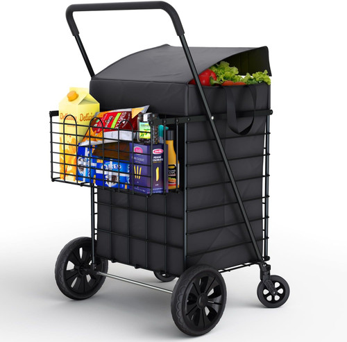 Folding Utility Shopping Cart with Double Basket, Swivel Wheels