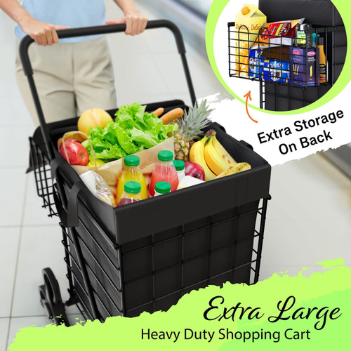 Folding Utility Shopping Cart with Double Basket, Swivel Wheels