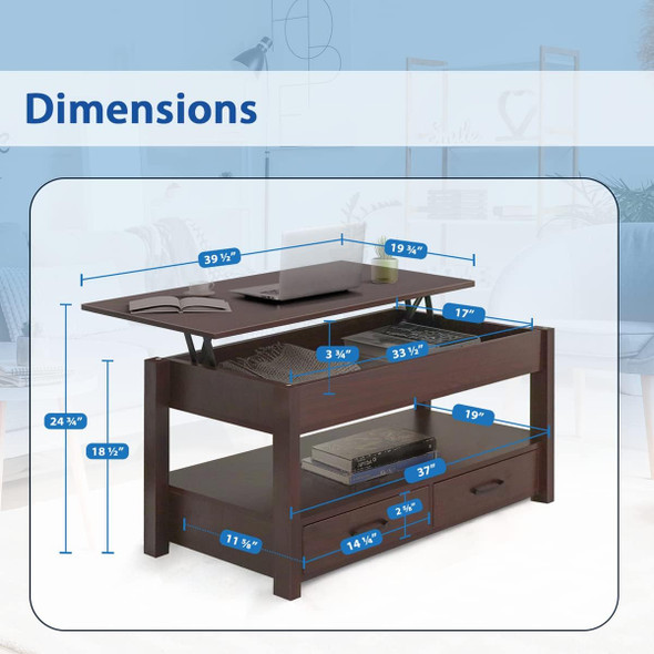 2 Drawer Lift Top Coffee Table with Hidden Compartment & Storage Shelves