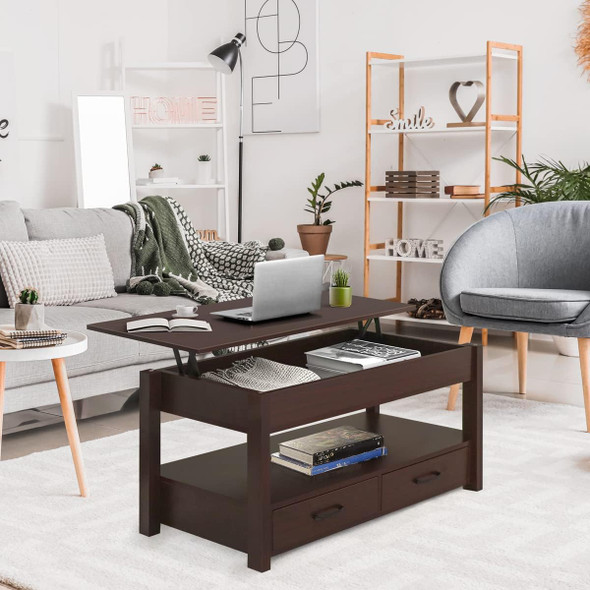 2 Drawer Lift Top Coffee Table with Hidden Compartment & Storage Shelve Espresso