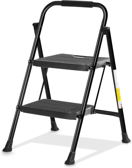 Steel Folding 2-Step Stool Ladder Adults With Soft-Grip Handle 330 Lbs Black