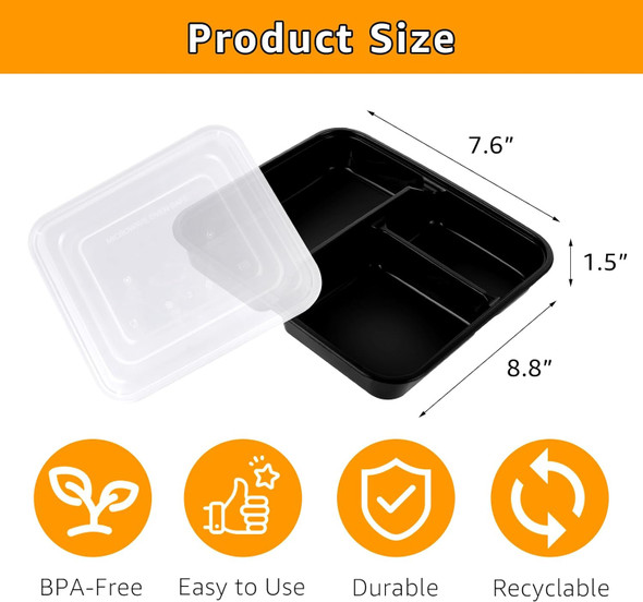 32 oz Meal Prep 3 Compartments Food Storage Containers Bento Box