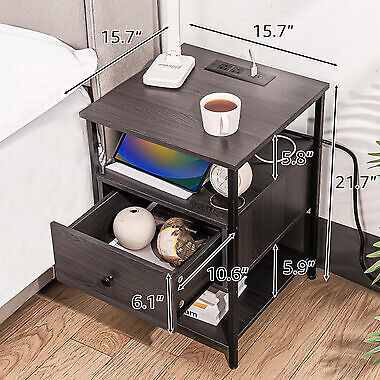 Nightstand Bedside Table Drawers with Charging Station and USB Ports