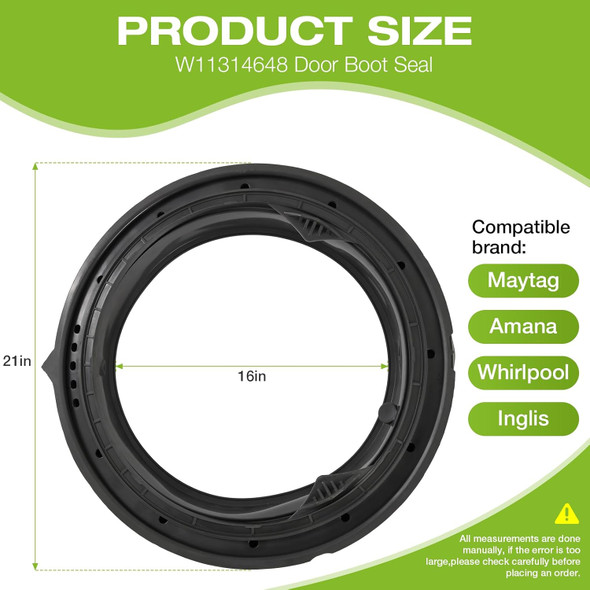 W11314648 Washer Door Seal Gasket W11314648 Compatible with Whirlpool Maytag W10897390