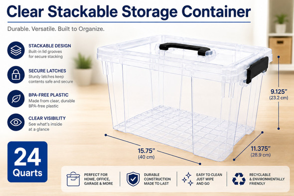 8 Packs Lightweight Stackable Storage Bin 24 Quart Clear Organizer for Home Use