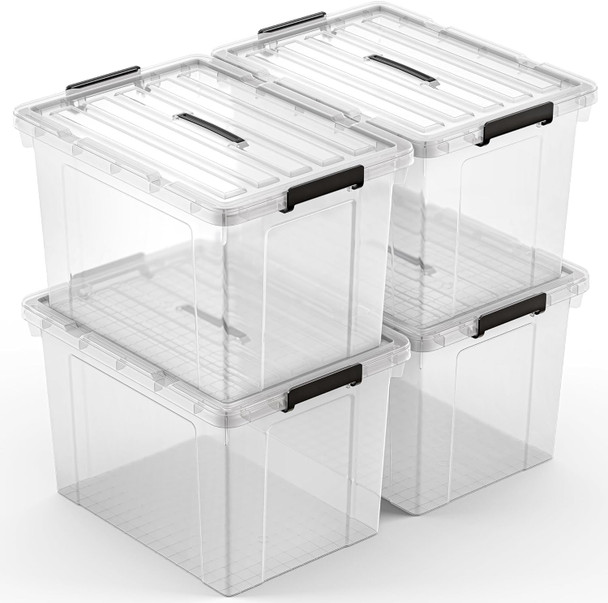 23 Gal Industrial Tote Stackable Storage Bin with Latching Lid, 4 Pack