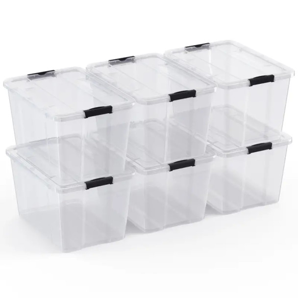 6 Pack Stackable Plastic Tote Box Plastic Storage Bins Containers 34 Quart, Black Latches