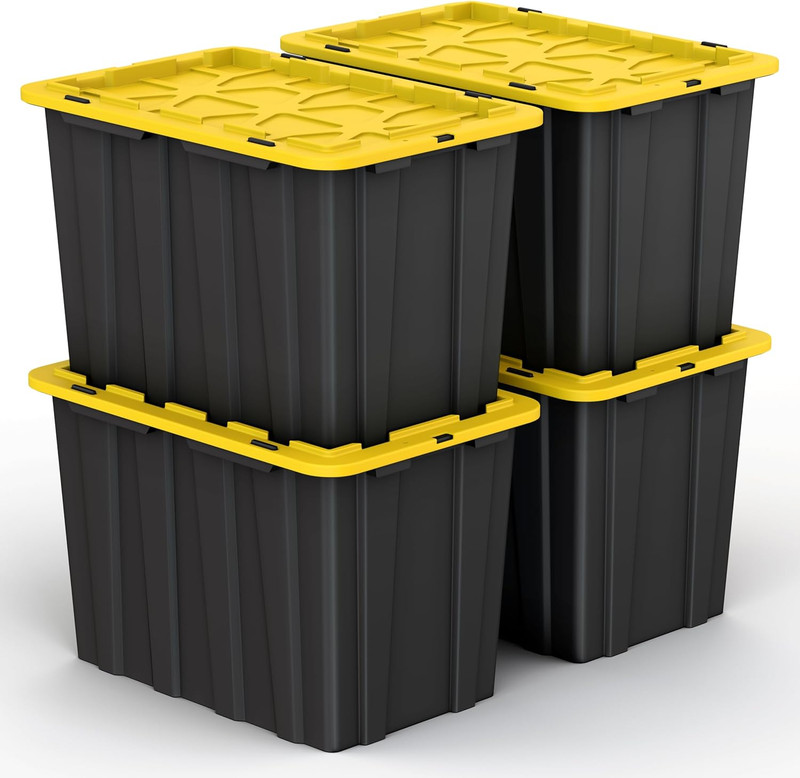 Stackable industrial storage totes with latching lids for storing camping gear