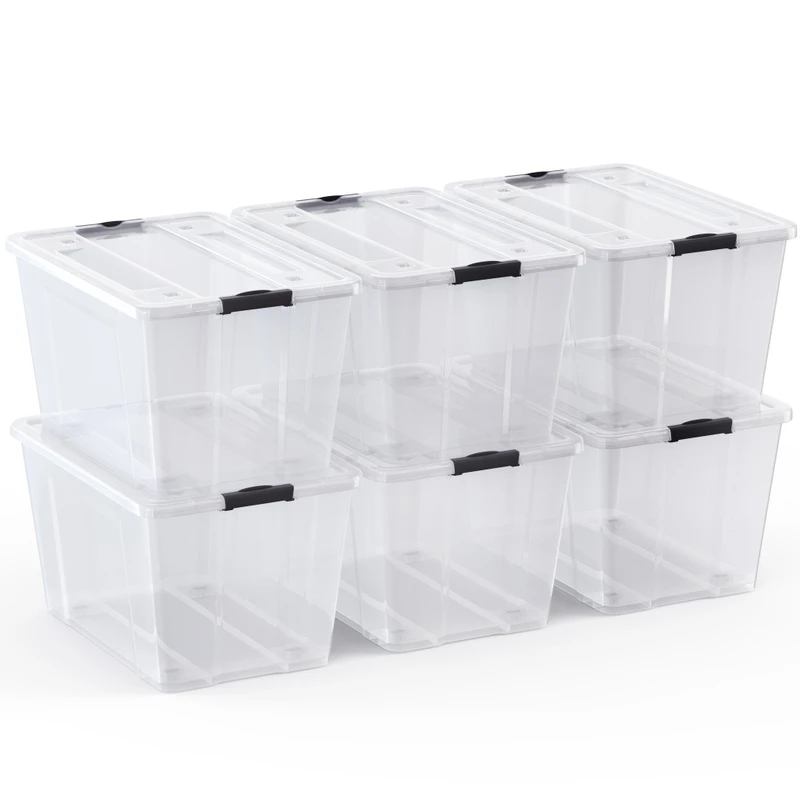 54 quart stackable storage bin size with latching lid for garage and basement storage