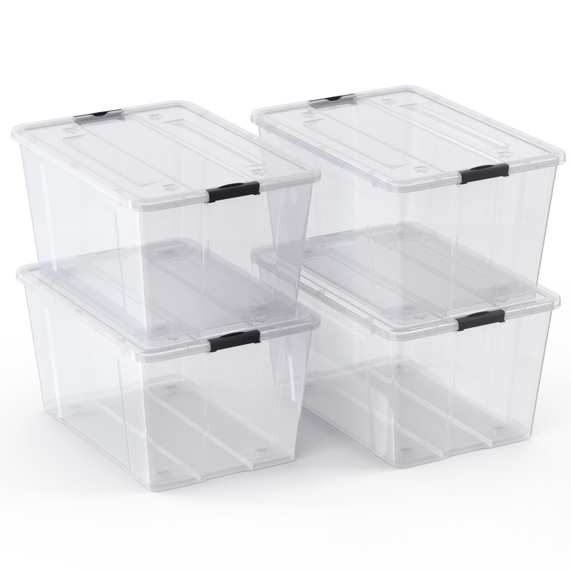 Clear 75 quart stackable plastic storage bin with lid for moving bulky items